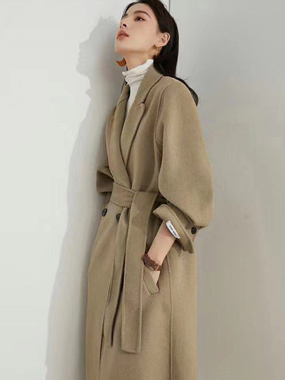 xakxx Office Belted Solid Color Notched Collar Wool Overcoat