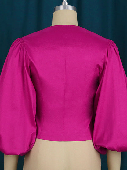 xakxx Stylish V-Neck Puff Sleeves Fuchsia Blouse