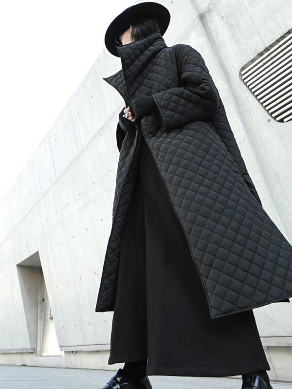 xakxx Black Rhombic Split-Side High Collar Long Coat