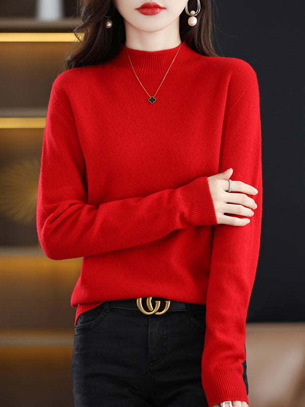 xakxx Office Long Sleeves Solid Color High-Neck Sweater Tops Pullovers