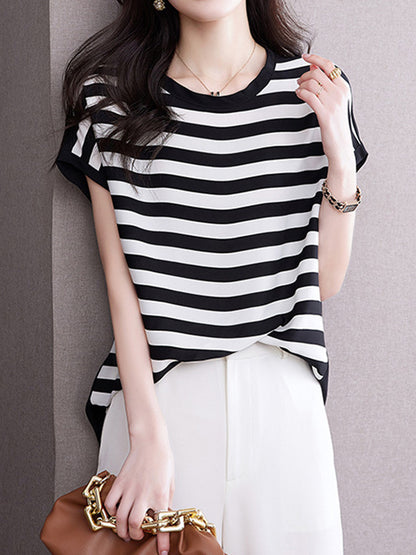 xakxx Loose Plus Size Contrast Color Striped Round-Neck T-Shirts