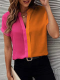 xakxx Short Sleeves Contrast Color Split-Joint V-Neck Blouses&Shirts Tops