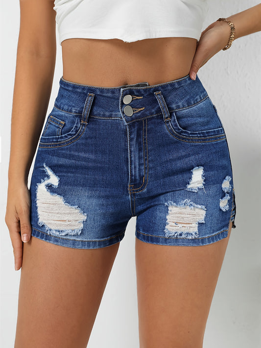 Womens Ripped Distressed Denim Shorts - Casual Double Button Fly, Medium Stretch, Solid Color, No Printing, Pockets, Summer Essential for Spring and Summer - Woven, No Sheer, Relaxed Fit