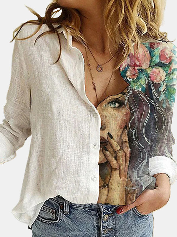 xakxx Stylish Asymmetric Floral Printed Lapel Long Sleeves Blouse Tops