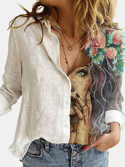 xakxx Stylish Asymmetric Floral Printed Lapel Long Sleeves Blouse Tops