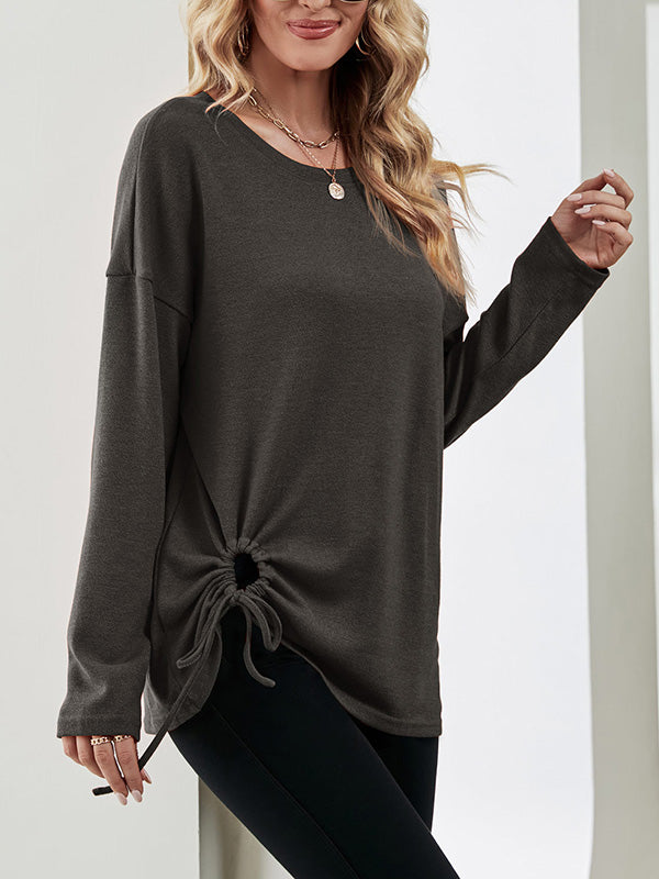 xakxx Long Sleeves Loose Asymmetric Drawstring Hollow Solid Color Round-Neck T-Shirts Tops