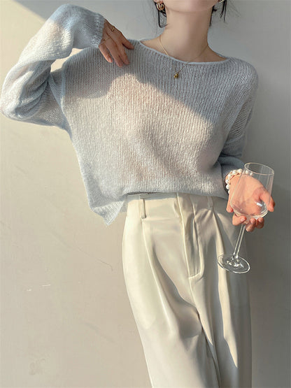 xakxx Gentle Mohair Knitted Loose Long Sleeves Solid Color Thin Sweater Tops