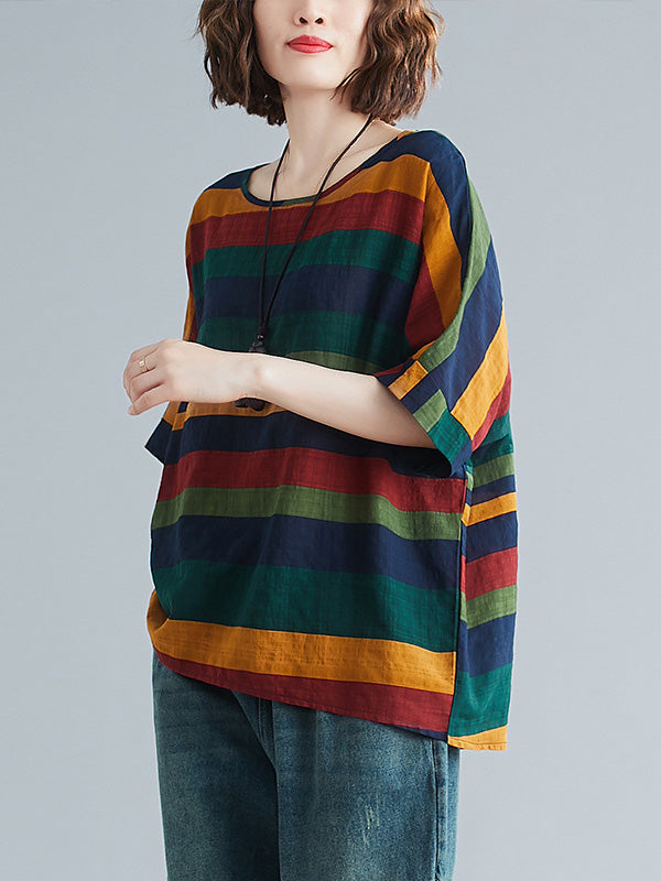 xakxx Rainbow Stripe Batwing Sleeves T-Shirts Tops