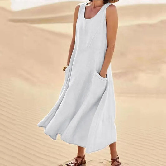 Hot Summer women Casual Dresses pocket sleeveless round neck women's cotton linen dress loose Khaki White black home outdoor skirt Big Size S-5XL 1f9 89b