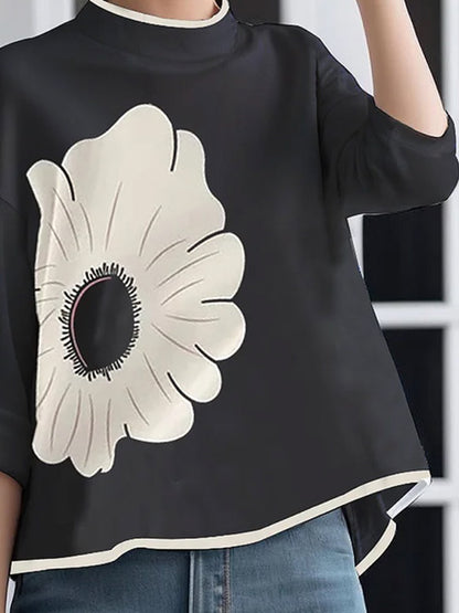 xakxx A-Line High-Low Flower Print Mock Neck T-Shirts Tops