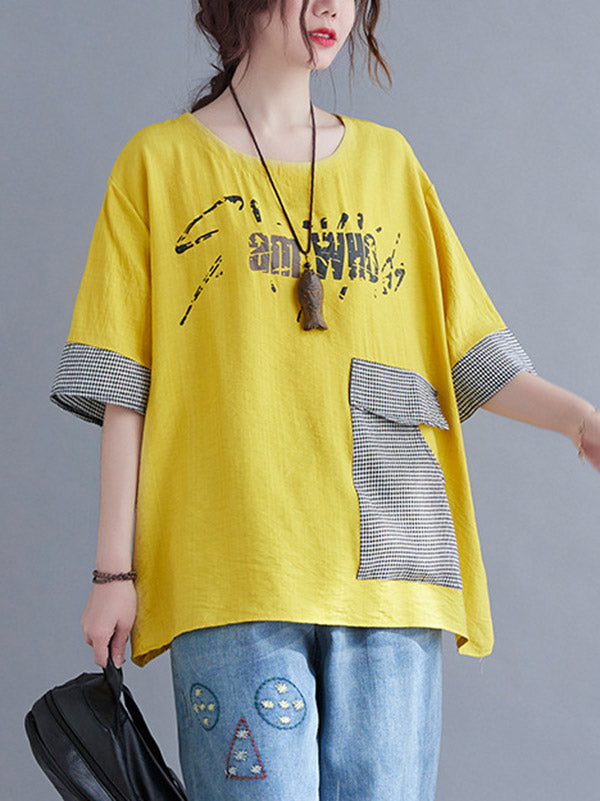 xakxx Original Letter Print Split-Joint Round-Neck T-Shirts Tops