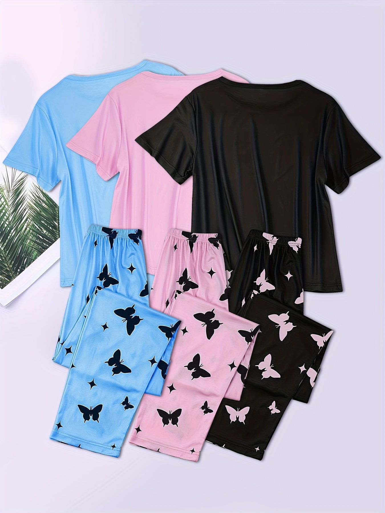 3-Pack Womens Heart Print Pajama Set - Soft Short Sleeve Crew Neck Tops & Elastic Waist Pants for Cozy Sleepwear & Lounging