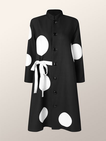 xakxx Long Sleeves Loose Asymmetric Buttoned Polka-Dot Tied Mock Neck Jackets&Coats Midi Dresses Outerwear