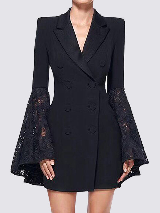 xakxx Flared Sleeves Long Sleeves Asymmetric Buttoned Solid Color Split-Joint Notched Collar Blazer Outerwear