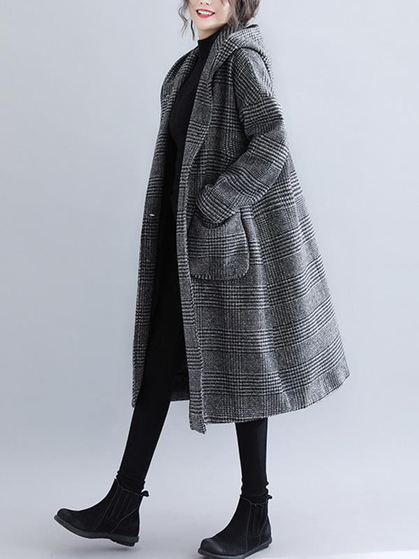 xakxx Loose Plaid Woolen Hood Coat