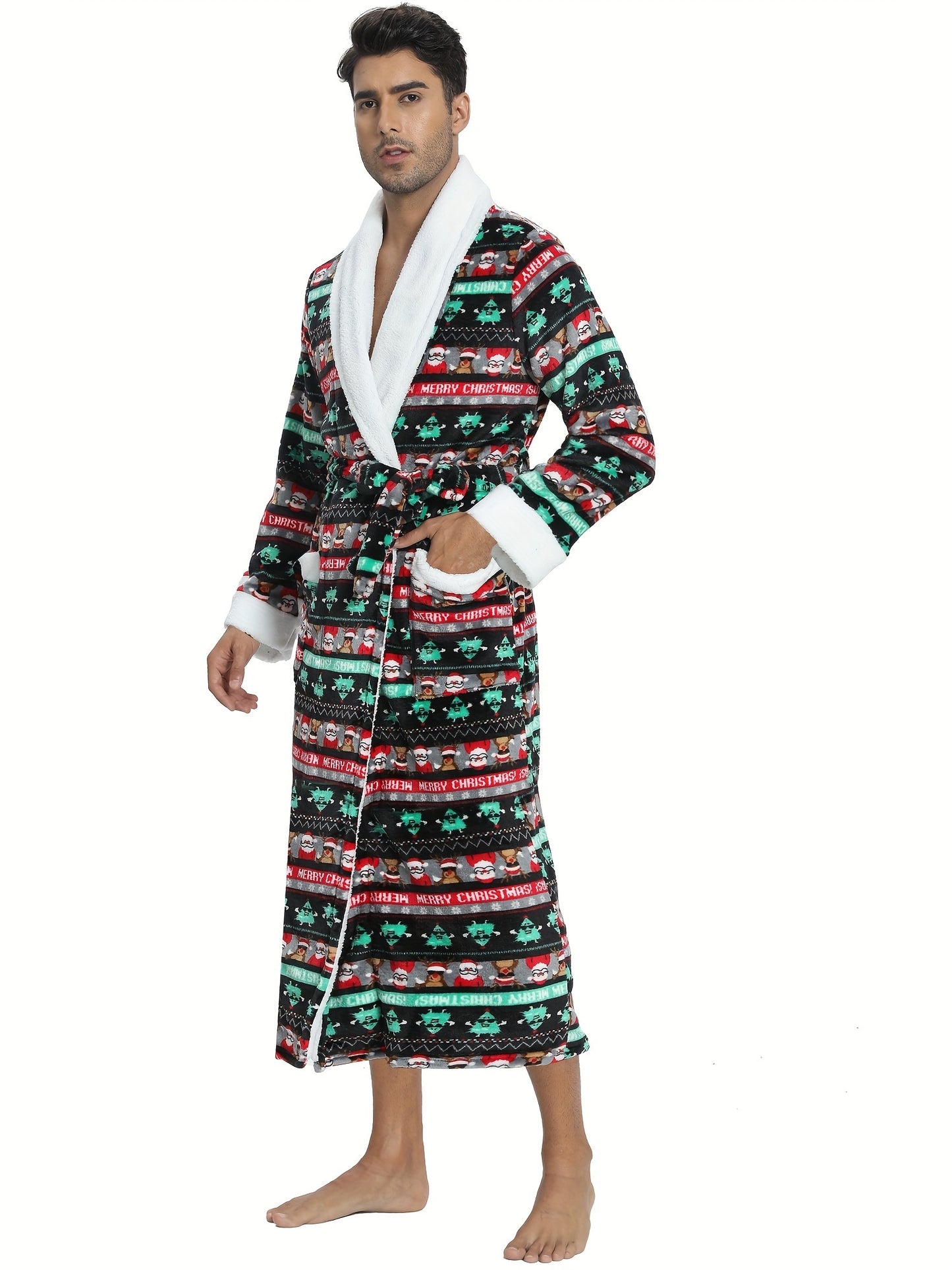 Men's Christmas Gift & Animal Print Flannel Bathrobe, Casual Morning Gown Comfy Home Clothes, Holiday Gift