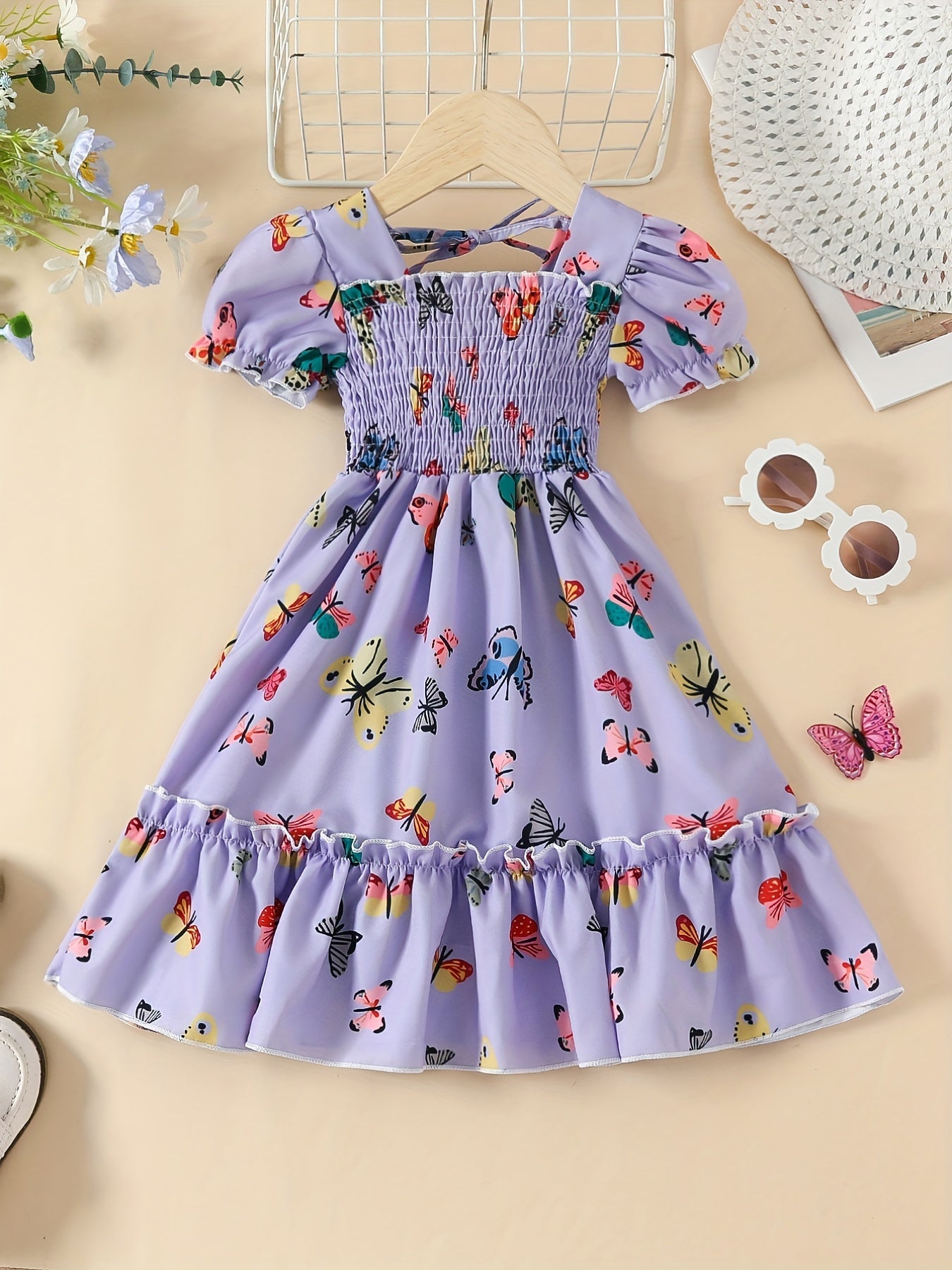 Girls' Summer Princess Dress - Vibrant Butterfly Print, Puff Sleeves & Frilly Details, Party & Beach Ready