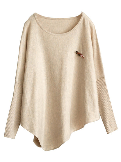 xakxx Simple Loose Long Sleeves Solid Color Round-Neck Sweater Tops