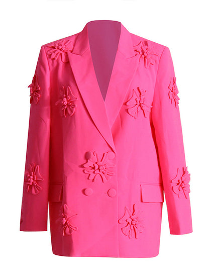 xakxx Long Sleeves Flower-Embellished Solid Color Lapel Blazer Outerwear