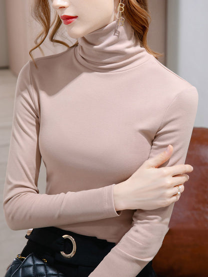 xakxx Simple 9 Colors High-Neck Long Sleeves T-Shirt Top