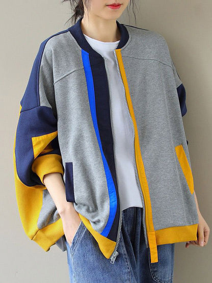 xakxx Casual Loose Contrast Color Split-Joint Stand Collar Long Sleeves Outwear