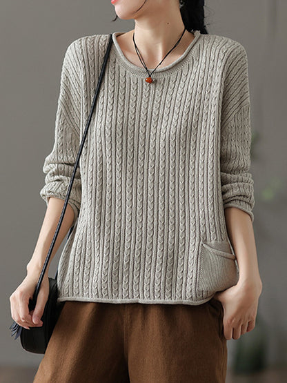 xakxx Artistic Retro Loose Long Sleeves Jacquard Solid Color Round-Neck Sweater Tops