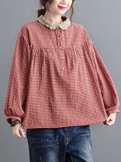 xakxx Plaid Ramie Cotton Plus Szie Long Sleeve Shirts