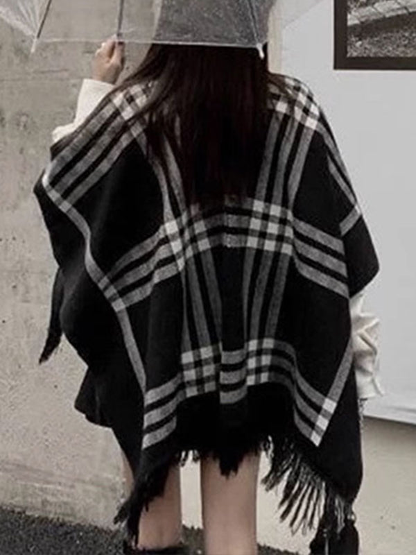 xakxx Long Sleeves Loose Contrast Color Plaid Split-Joint V-Neck Cape