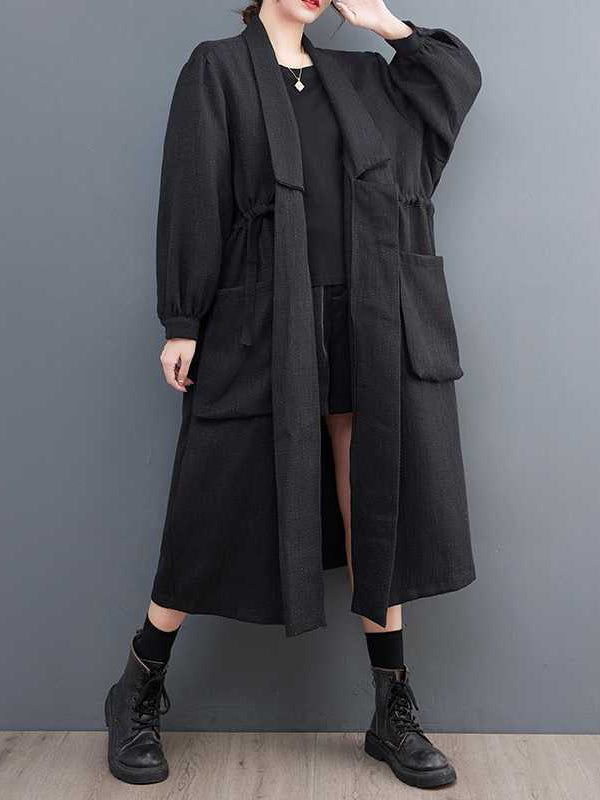 xakxx Long Sleeves Loose Drawstring Pockets Lapel Trench Coats