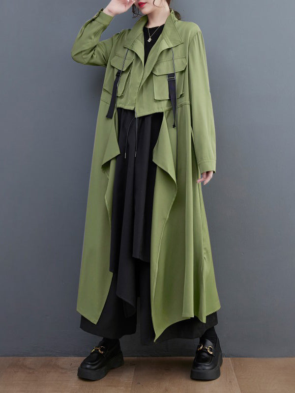 xakxx Loose Long Sleeves Drawstring Split-Joint Lapel Trench Coats