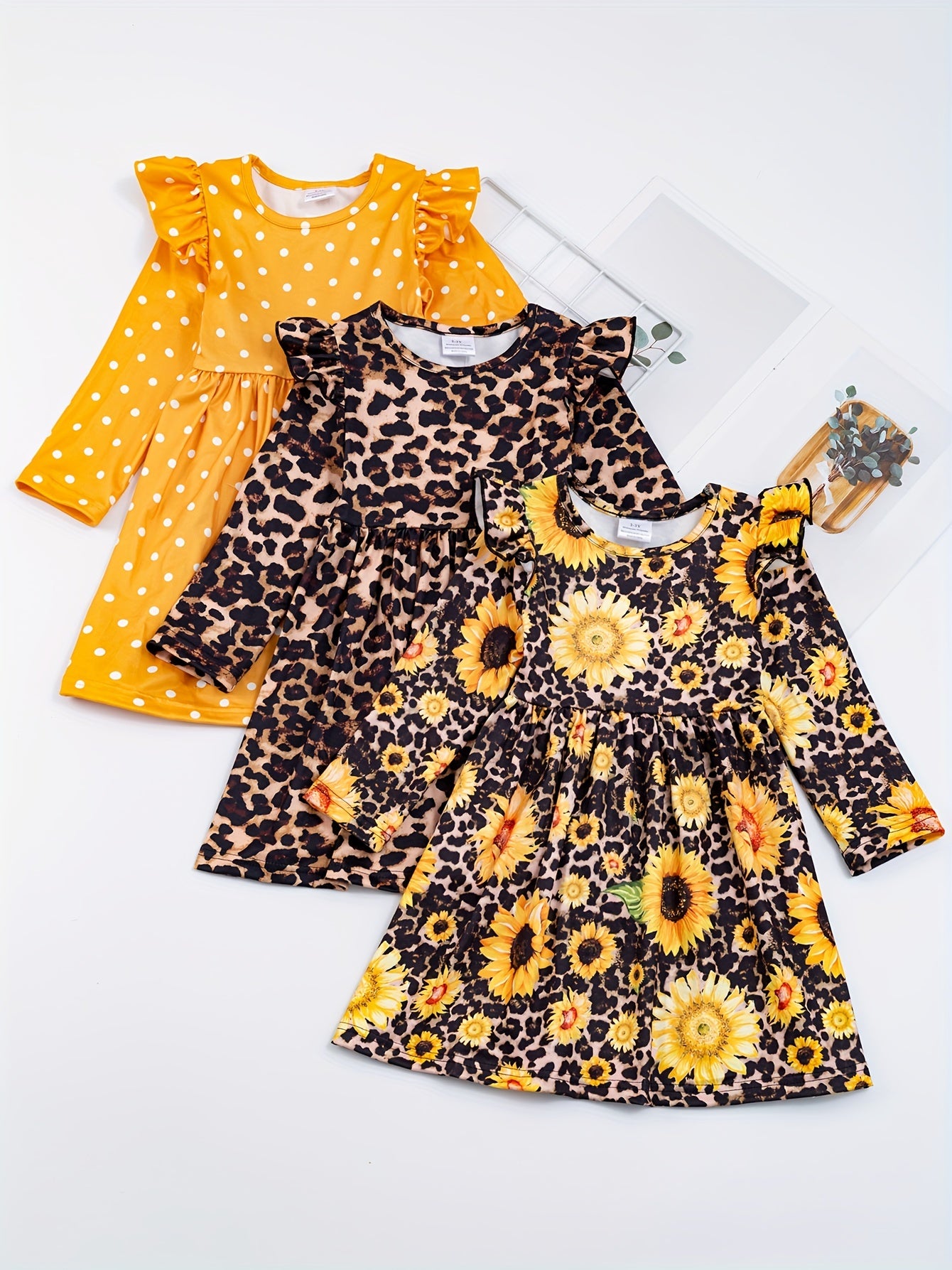 3pcs/set Toddler Girls Ruffled Sleeves Round Neck Polka Dot Leopard And Sunflower Graphic Princess Dress For Party Kids Summer Clothes