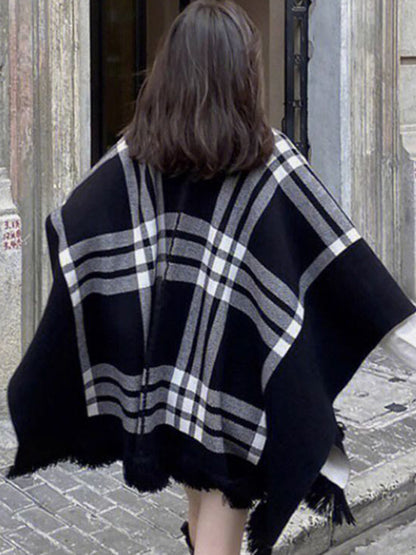 xakxx Long Sleeves Loose Contrast Color Plaid Split-Joint V-Neck Cape