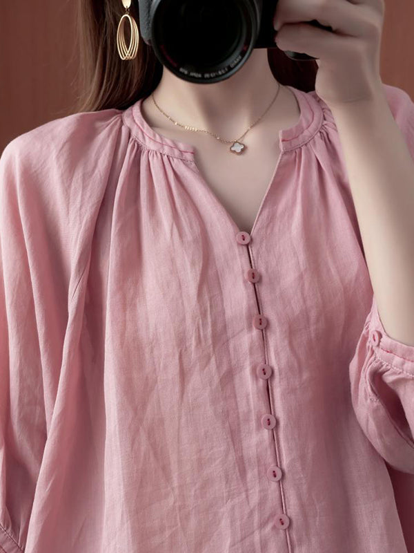 xakxx Simple Casual Solid Buttoned Pleated Blouse