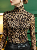 xakxx Stylish Selection Long Sleeves Skinny Leopard Half Turtleneck T-Shirts Tops