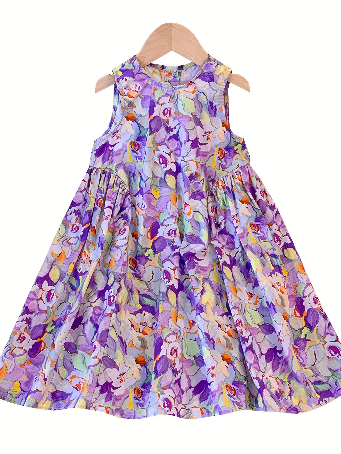 Lively Purple Floral Girls Swing Dress - Soft Cotton, Sleeveless Design for Summer Adventures - Perfect Outdoor Vacation Wear