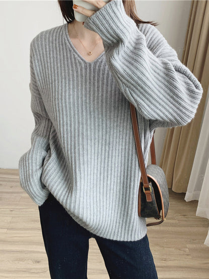 xakxx Casual Long Sleeves Loose Solid Color V-Neck Sweater Tops