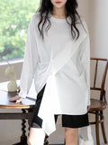 xakxx Long Sleeves Loose Asymmetric Solid Color Round-neck T-Shirts Tops