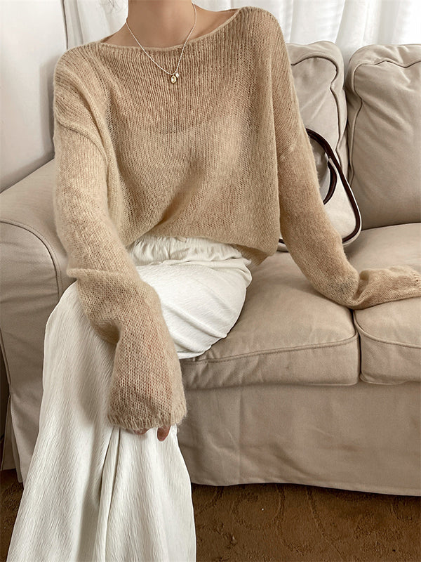 xakxx Gentle Mohair Knitted Loose Long Sleeves Solid Color Thin Sweater Tops