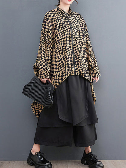 xakxx High-Low Loose Plaid Zipper Stand Collar Outerwear