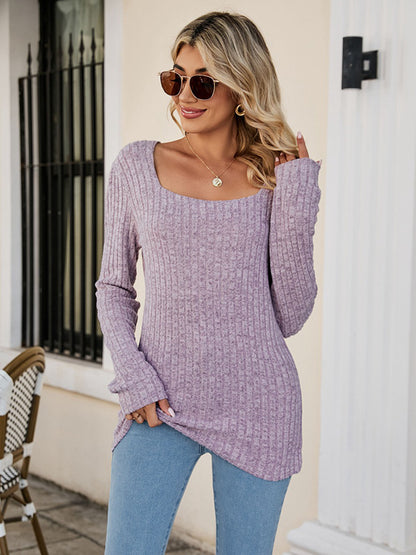 xakxx Casual Long Sleeves Skinny Solid Color Square-Neck Sweater Tops