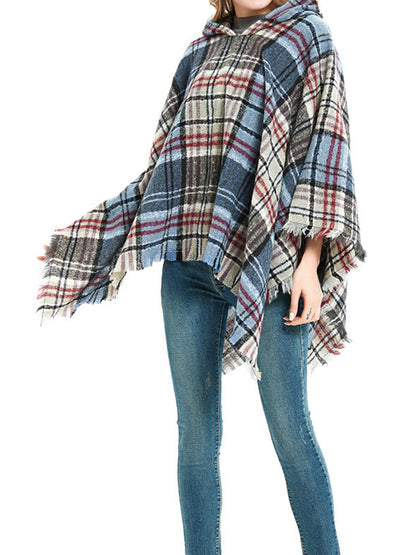 xakxx Fringed Hooded Keep Warm Plaid Cape Shawl&Cloak