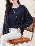 xakxx Long Sleeves Loose Chains Pockets Ruffled Split-Joint Three-Dimensional Flower Round-Neck T-Shirts Tops