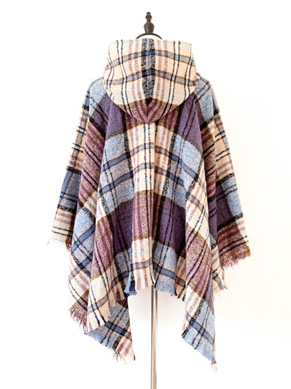 xakxx Fringed Hooded Keep Warm Plaid Cape Shawl&Cloak