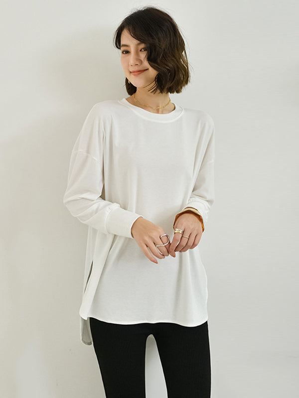xakxx Simple Long Sleeves Loose Split-Side Solid Color Round-Neck T-Shirts Tops