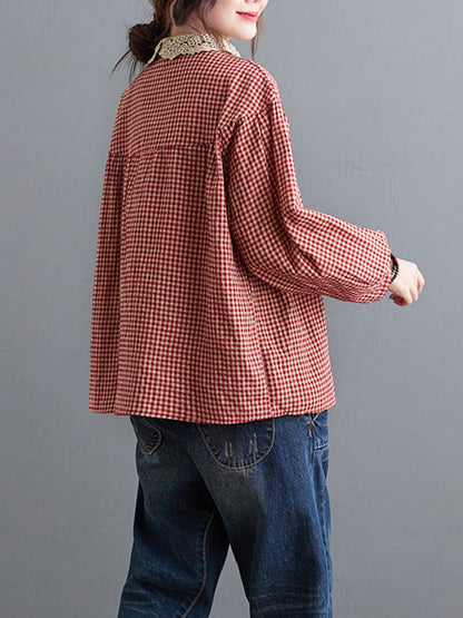 xakxx Plaid Ramie Cotton Plus Szie Long Sleeve Shirts