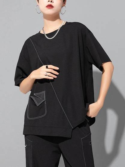 xakxx Loose Short Sleeves Asymmetric Solid Color Split-Joint Round-Neck T-Shirts Tops