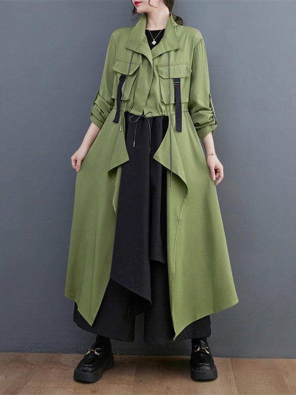 xakxx Loose Long Sleeves Drawstring Split-Joint Lapel Trench Coats