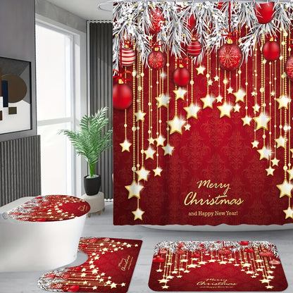 1/3/4pcs Red Background Christmas Style Bathroom Shower Curtain Four-piece Set, Decoration Curtain With 12 Hooks, Toilet Three-piece Set, Non-Slip Bathroom Rug, Toilet U-Shape Mat, Toilet Lid Cover Pad