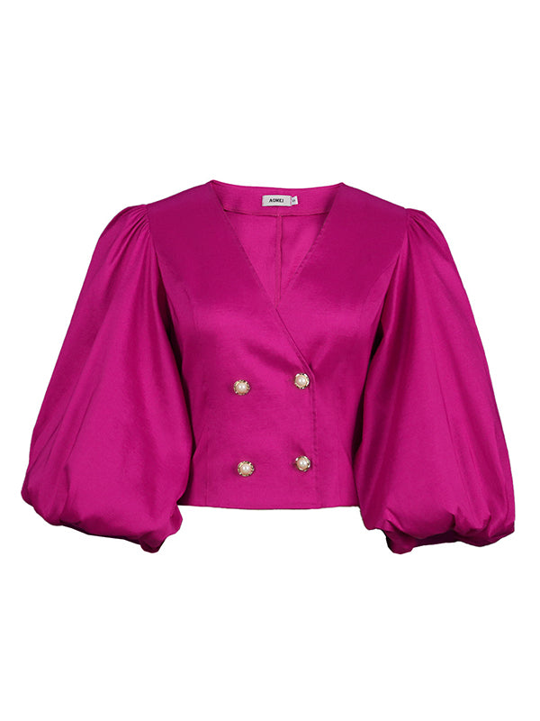 xakxx Stylish V-Neck Puff Sleeves Fuchsia Blouse