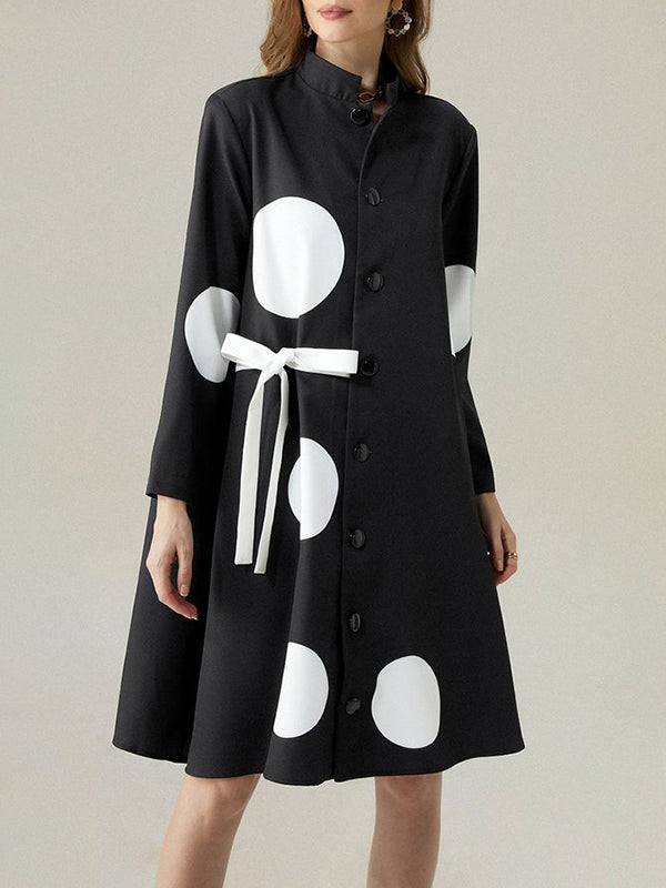 xakxx Long Sleeves Loose Asymmetric Buttoned Polka-Dot Tied Mock Neck Jackets&Coats Midi Dresses Outerwear